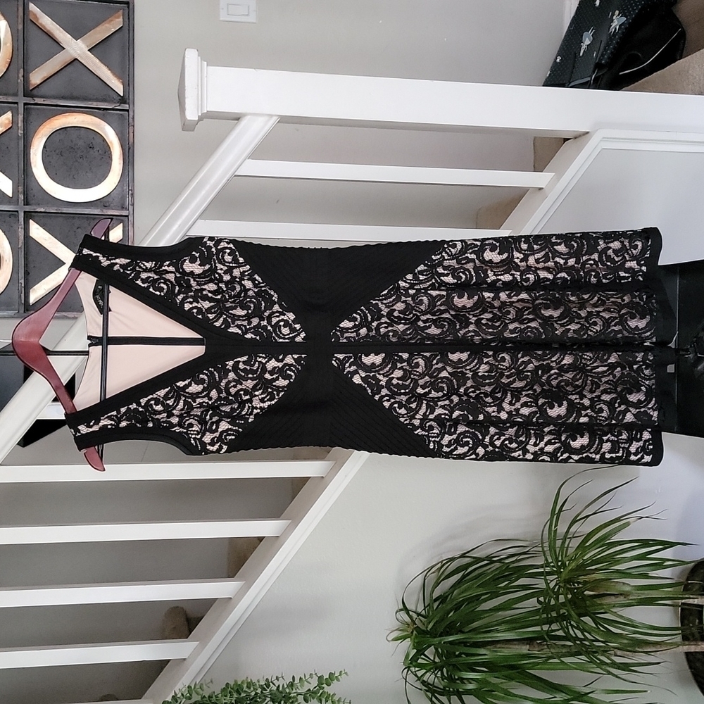 Tadashi Shoji Black Ivory/Tan Lace V-neck Sleeveless Night Out Dress - Picture 2 of 5